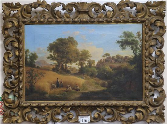19th century Italian School, oil on canvas, Italian landscape with figures harvesting, 32 x 50cm